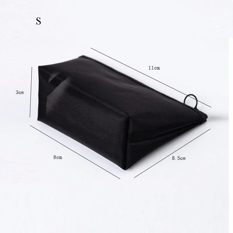 Black portable mesh cosmetic storage pouch shown from the side with dimensions.