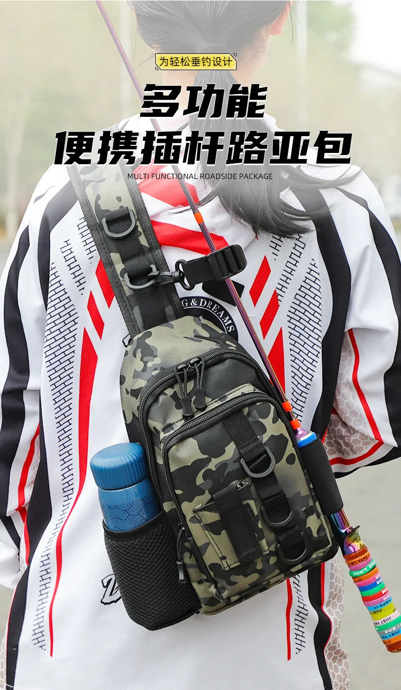 A camouflage tactical fishing gear storage chest bag worn by a person, featuring multiple functions.