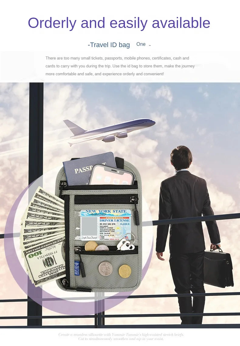A man is shown holding an RFID blocking neck wallet containing various travel documents like a passport and driver's license.