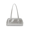 A silver glossy PU leather tote bag with dual straps shown from the front.