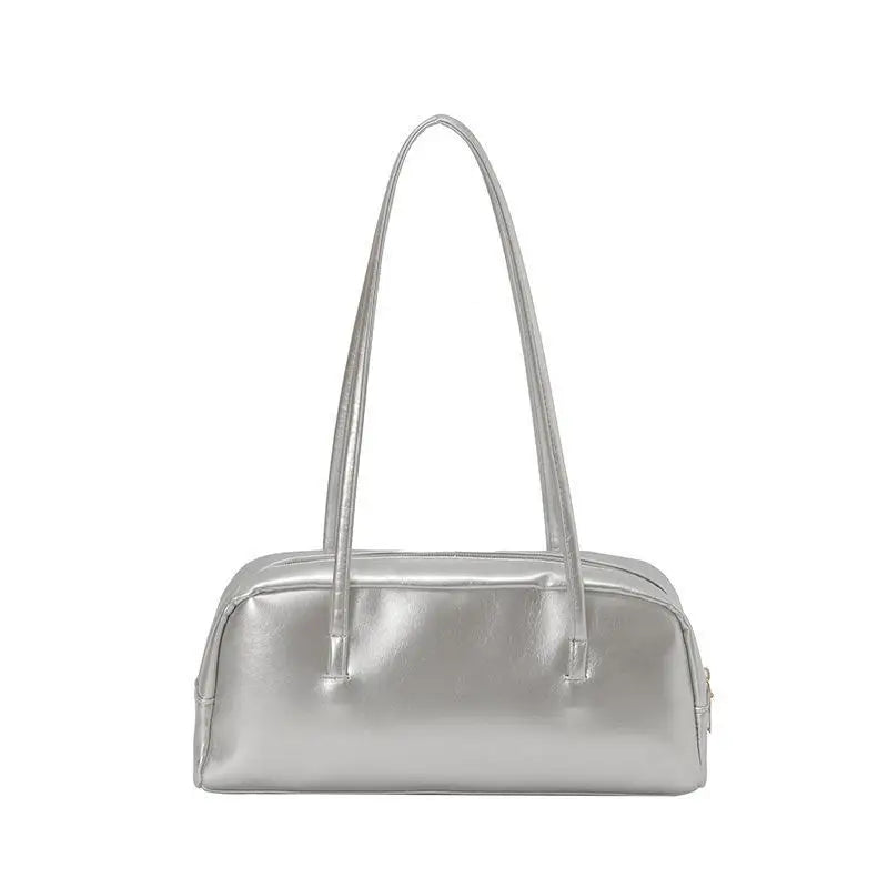 A silver glossy PU leather tote bag with dual straps shown from the front.