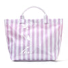 A light purple and white striped tote bag with handles, shown from the front.