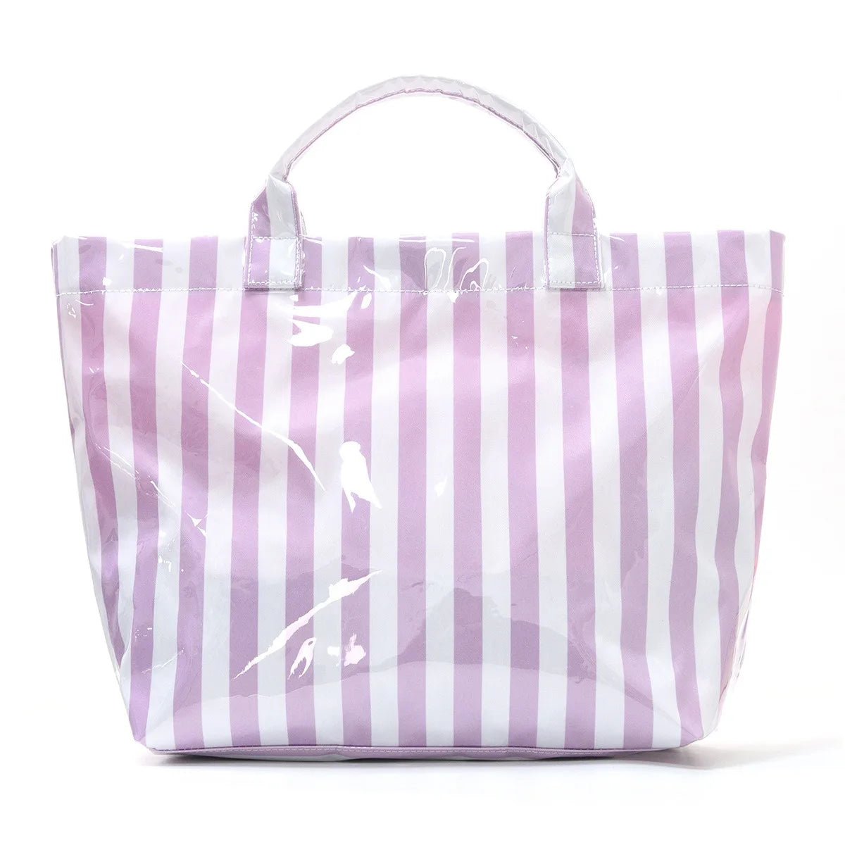A light purple and white striped tote bag with handles, shown from the front.
