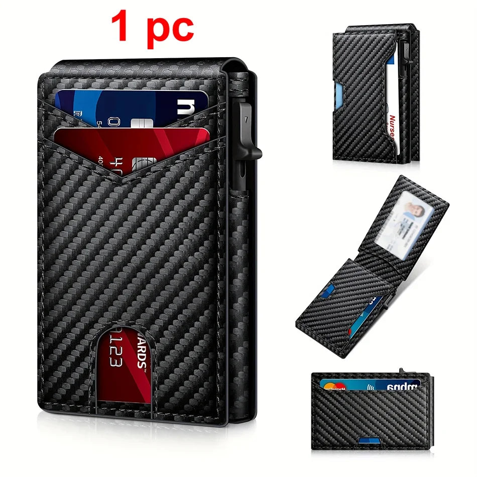 A black carbon fiber slim RFID protection wallet shown with multiple card slots and a protective sleeve.