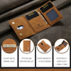 A brown leather trifold magnetic card holder wallet shown on a dark gray fabric background.