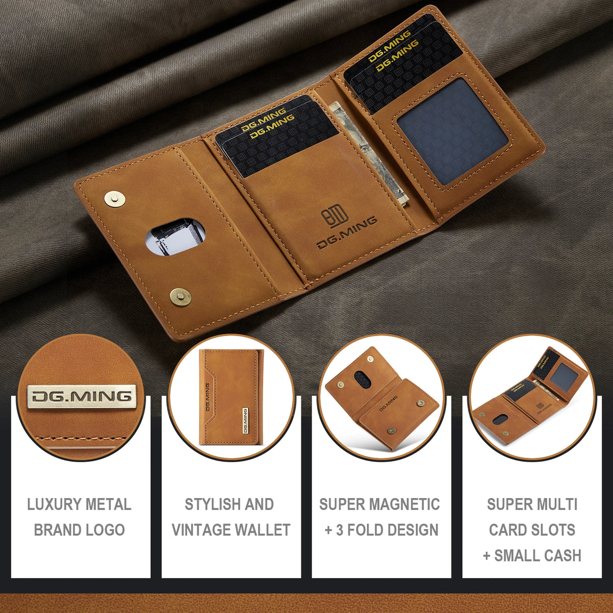 A brown leather trifold magnetic card holder wallet shown on a dark gray fabric background.