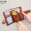 A brown leather multi-slot wallet with RFID protection is shown being held by a hand.