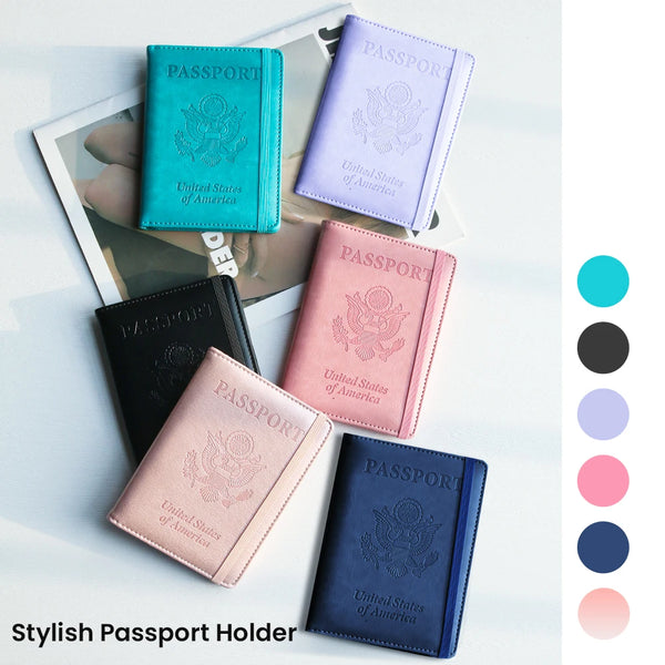 A collection of stylish passport holders in various shades of blue, pink, and purple leather.