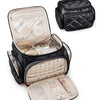 A black multi-compartment travel organizer bag with a padded interior and a separate cosmetic pouch.