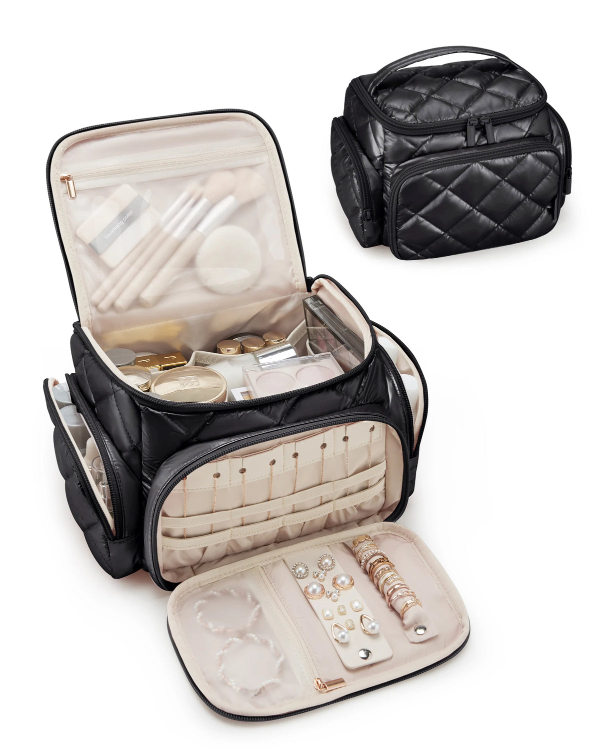 A black multi-compartment travel organizer bag with a padded interior and a separate cosmetic pouch.