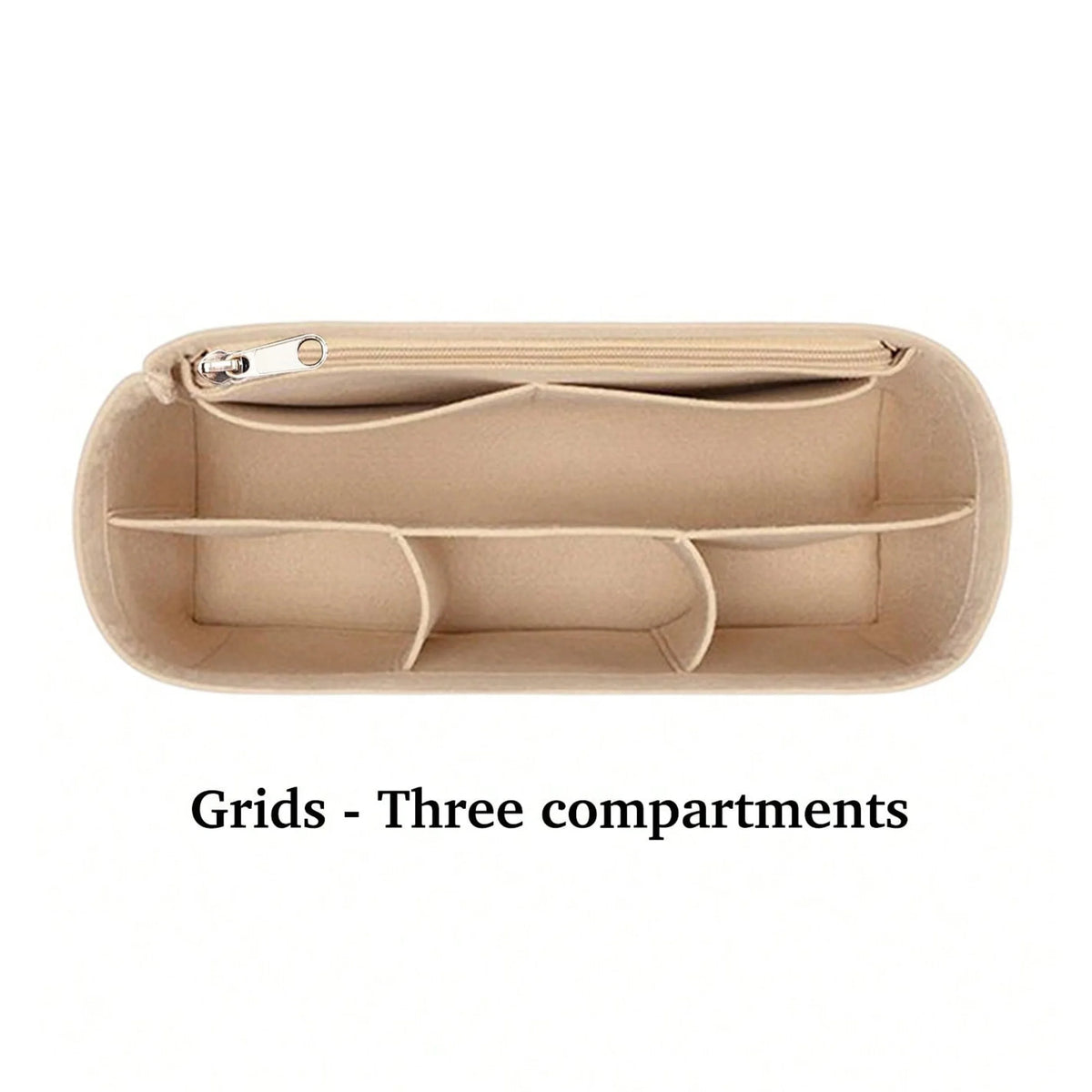Tan felt handbag organizer pouch with three internal grids for organization