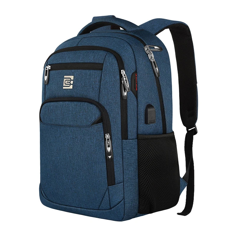 Dunkelblaue, robuste Laptop-Rucksack mit schwarzen Akzenten und Trageriemen.