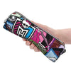 A hand holds an elegant leather pencil case featuring a skull design and vibrant colors.