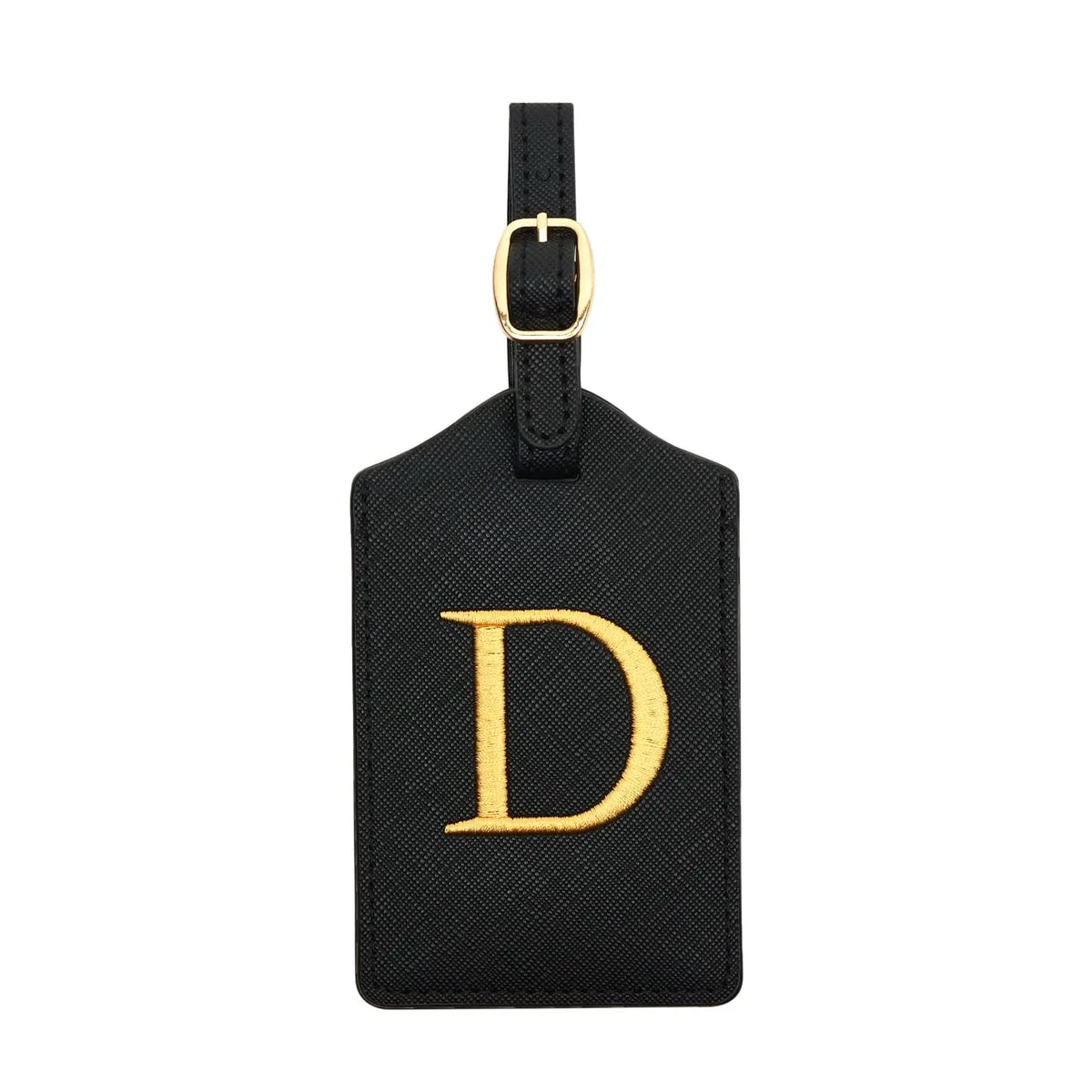 Black PU leather luggage tag with a gold letter D and a metal loop for attachment.