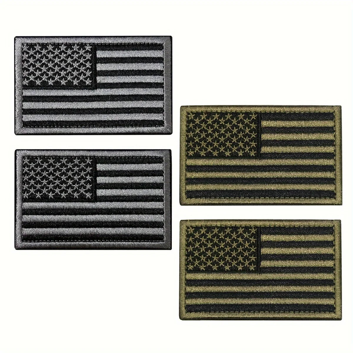 Three embroidered patches featuring the American flag design in different shades of gray and gold.