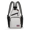 A gray multi-use adjustable chest and shoulder bag with black straps and a zippered pocket.