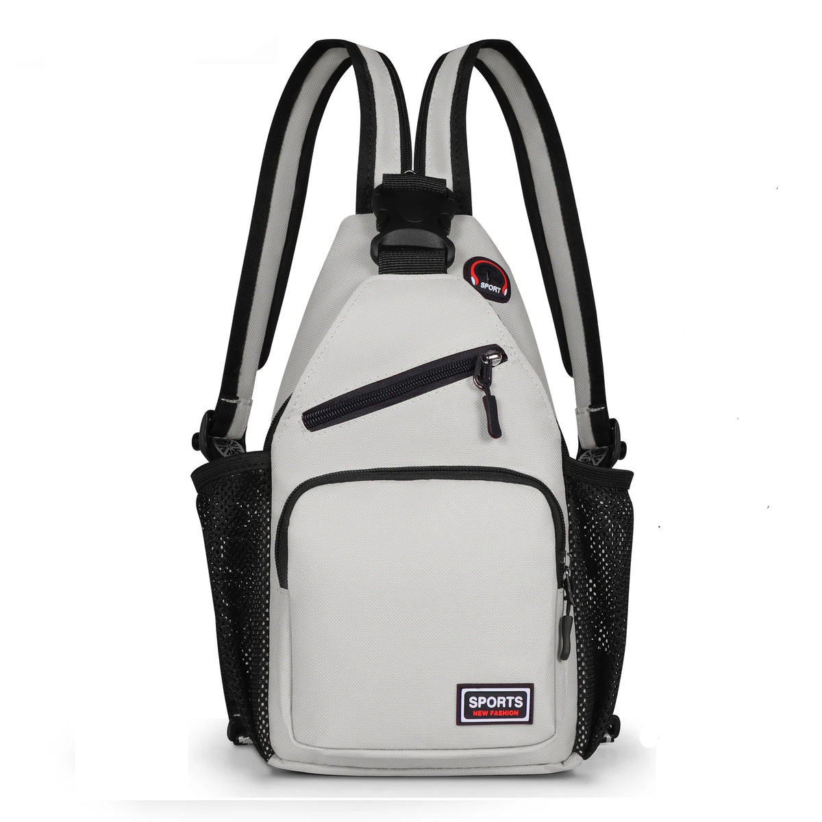 A gray multi-use adjustable chest and shoulder bag with black straps and a zippered pocket.