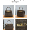 Olive green multi-angle display of a brown crocodile pattern tote bag with gold hardware.