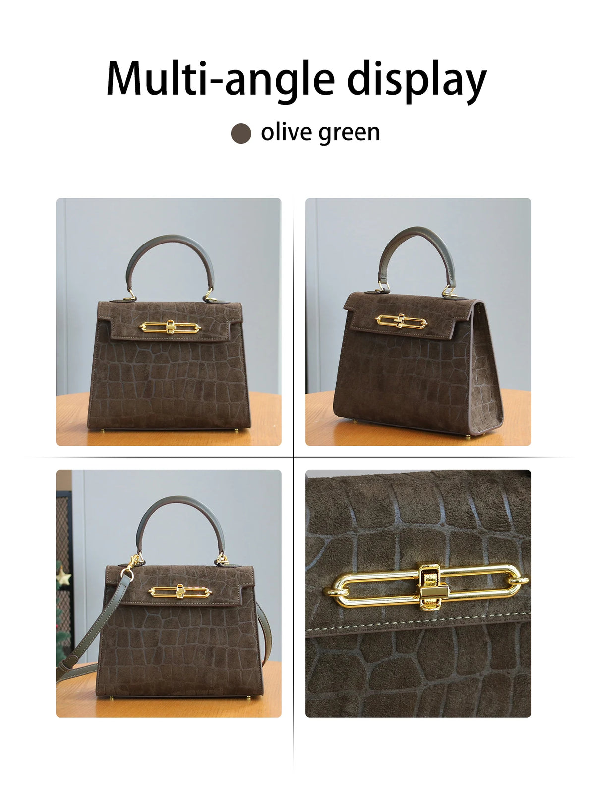 Olive green multi-angle display of a brown crocodile pattern tote bag with gold hardware.
