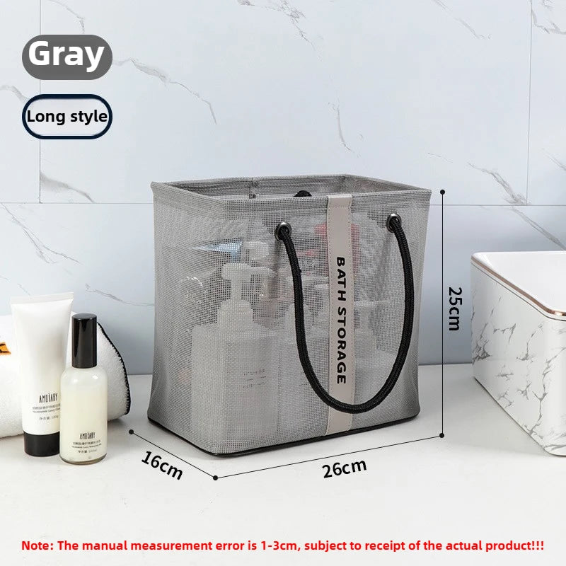 Gray mesh shower tote with handles shown on a white surface.