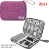 Two purple portable digital organizer storage pouches with mesh pockets and accessories inside