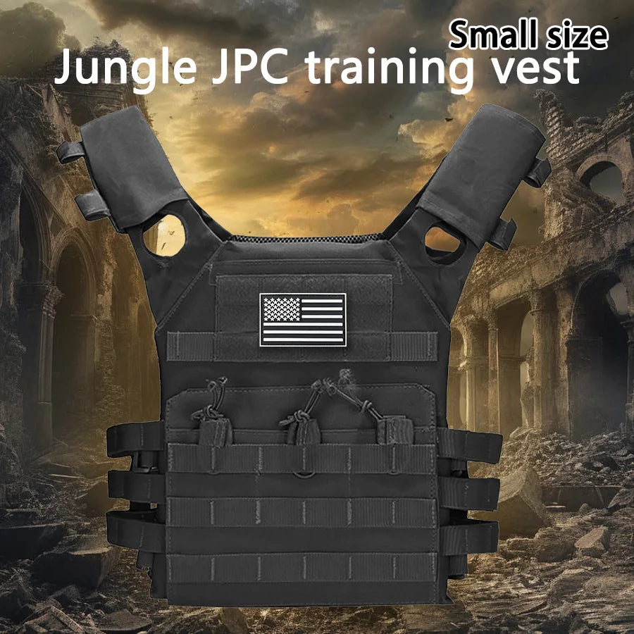 A small size Jungle JPC training vest in black with a white American flag emblem displayed against a rugged, outdoor backgrou