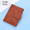 A brown leather passport and ID holder cover with a stitched edge shown on a light blue background.