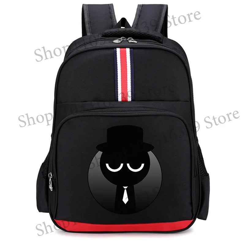 Black cartoon anime backpack featuring a silhouette of a man in a top hat.