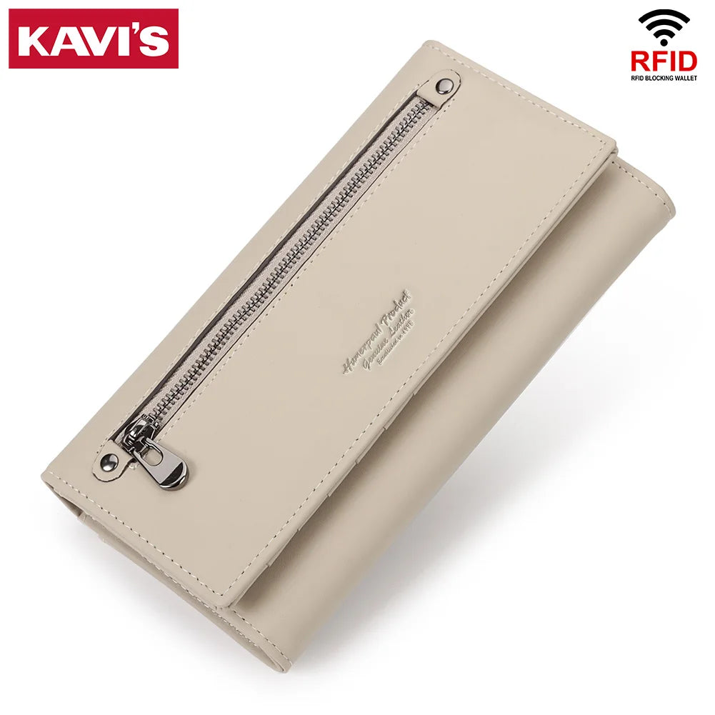 A beige genuine leather women's wallet with a zipper closure and RFID blocking protection.