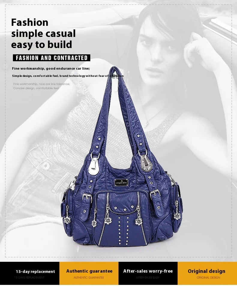 A dark blue PU leather hobo shoulder bag with silver hardware shown against a light background.