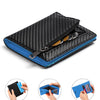 A black and blue RFID-blocking bi-fold wallet with a carbon fiber texture is shown in various views.