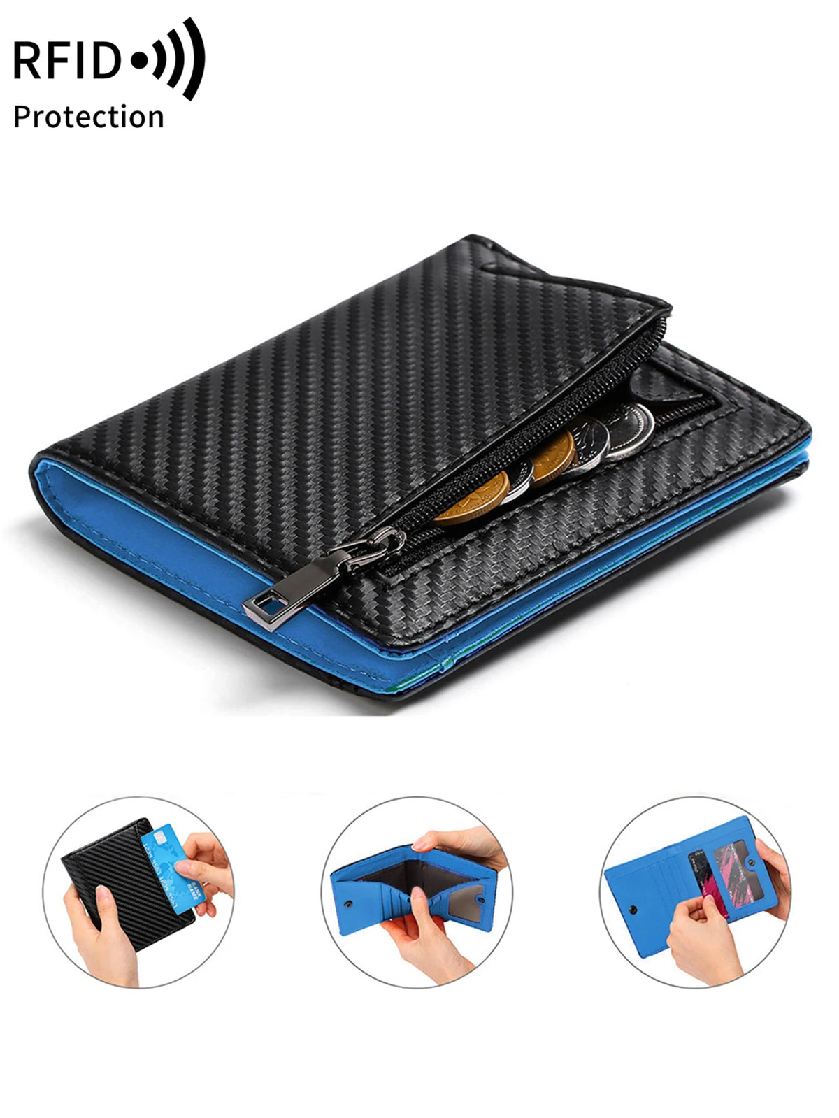 A black and blue RFID-blocking bi-fold wallet with a carbon fiber texture is shown in various views.