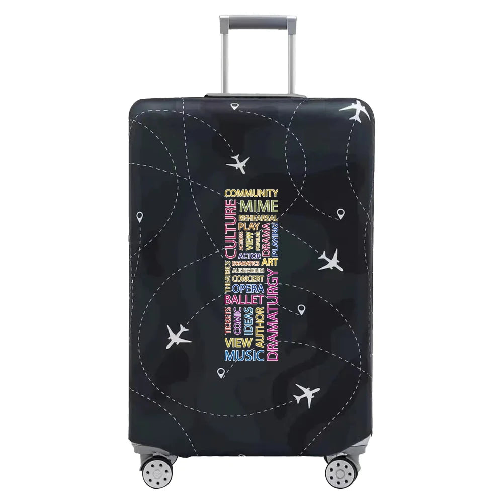 A black luggage protection cover with a silver handle and white silhouette designs on the surface.