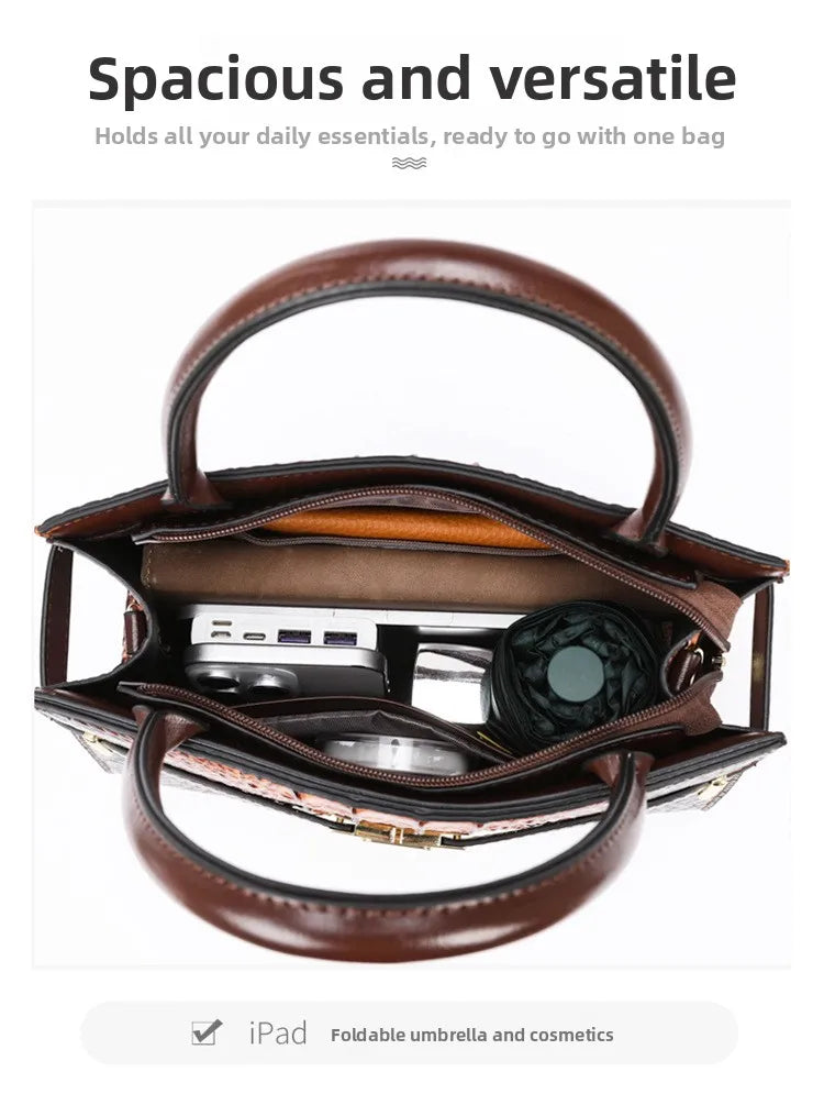 A brown PU leather shoulder handbag set featuring a foldable umbrella and cosmetics.