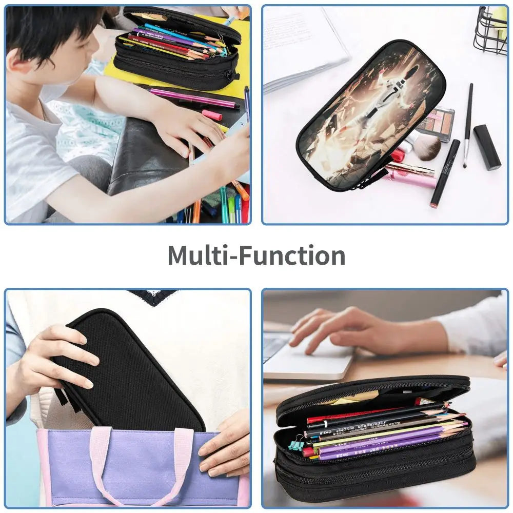 A multi-function black leather pencil case shown in various uses, including a laptop sleeve and a purple fabric pencil case.