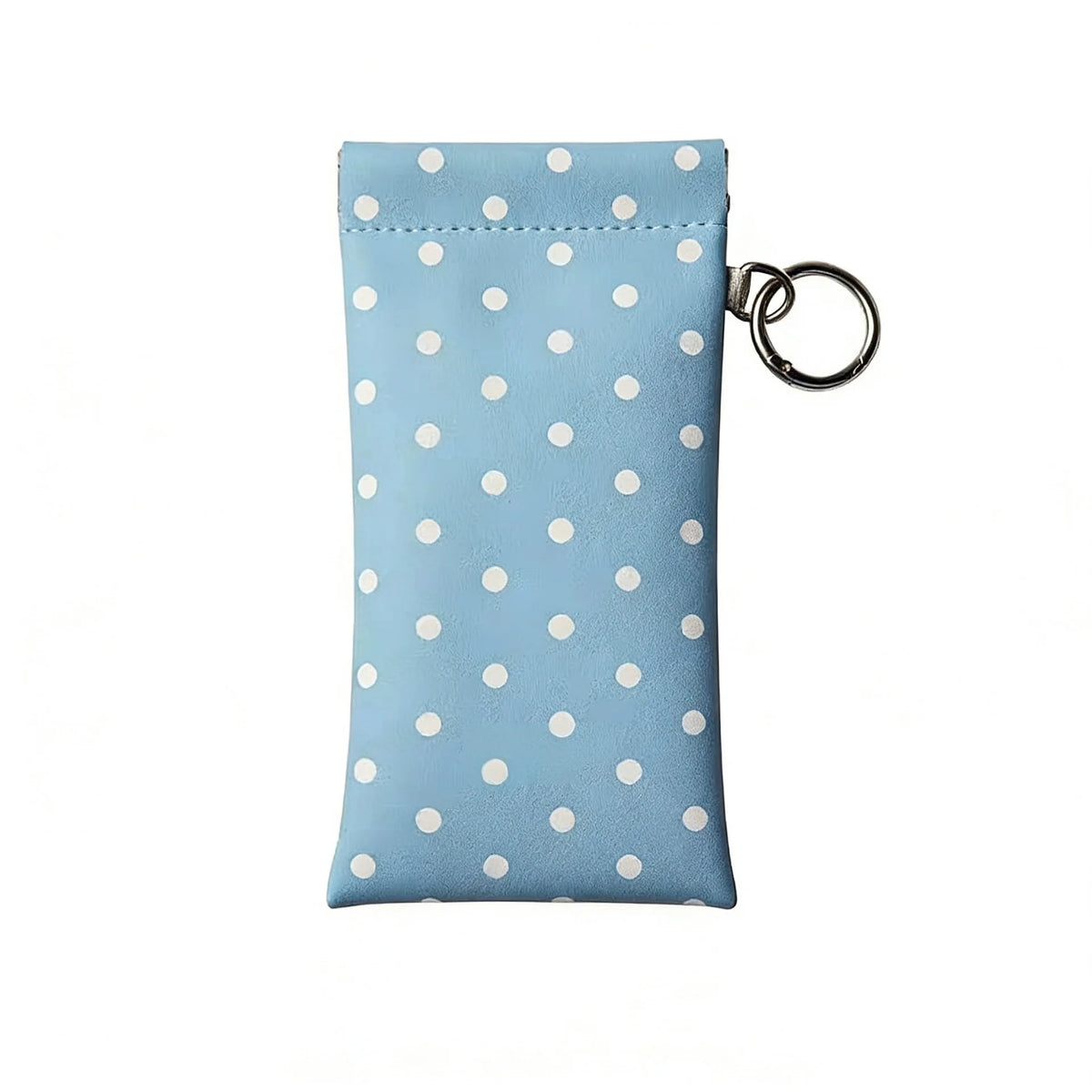 Light blue polka dot eyeglass pouch with a silver keychain attached.