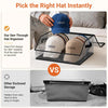 A clear plastic hat organizer holding several baseball caps for easy visibility and storage.