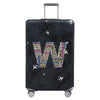 A black stretch fabric luggage protection cover with silver handles and wheels.