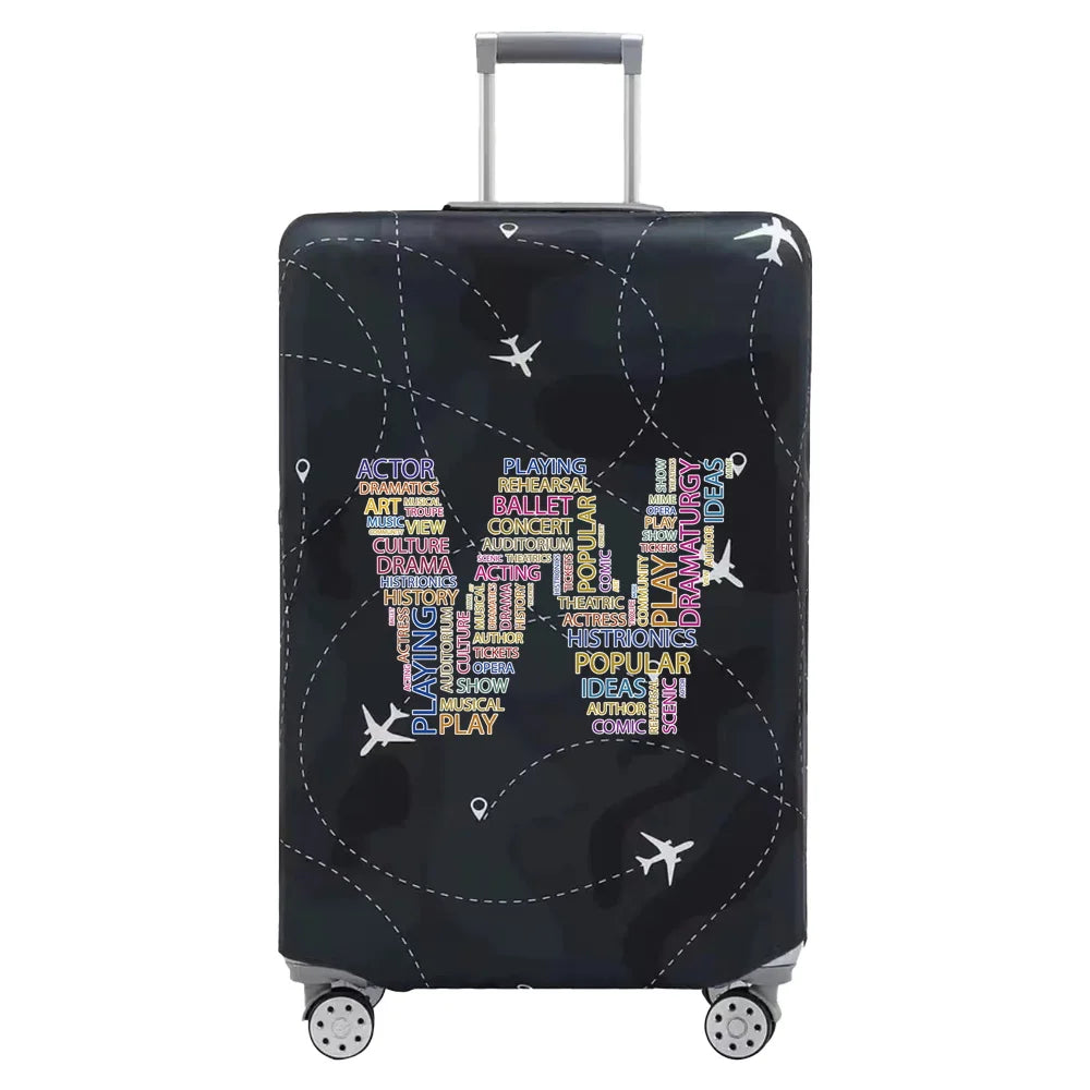 A black stretch fabric luggage protection cover with silver handles and wheels.