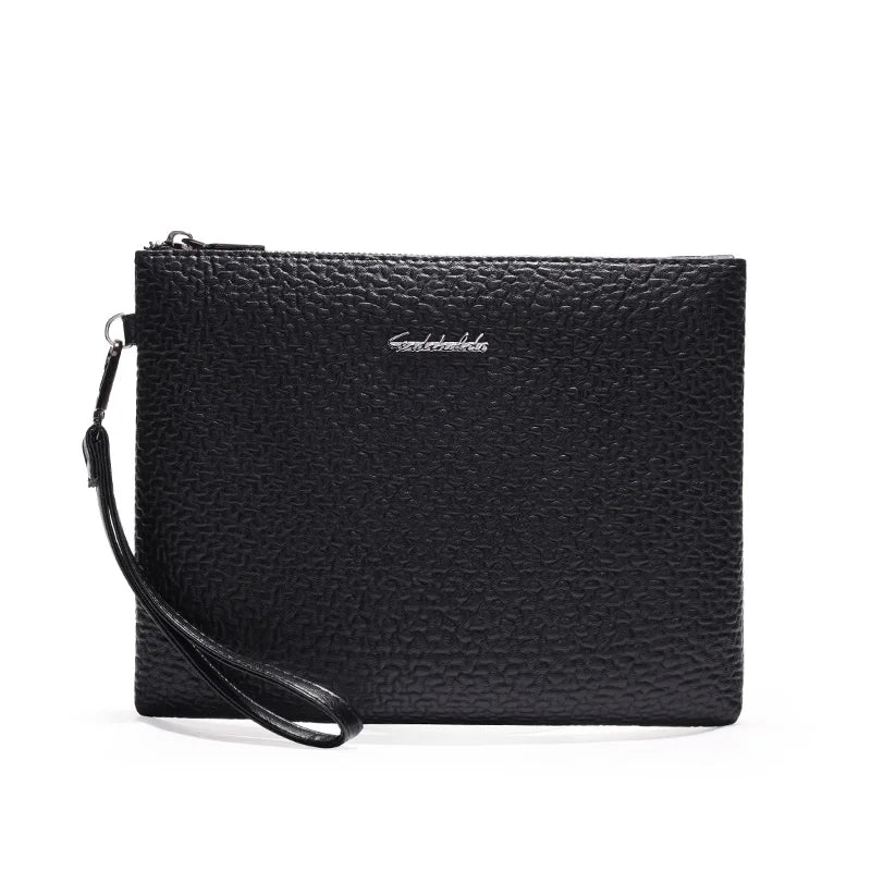 Schwarze Leder-Clutchtasche für Herren mit strukturiertem Finish.