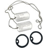 A silver military dog tag necklace set with a chain and two engraved tags.
