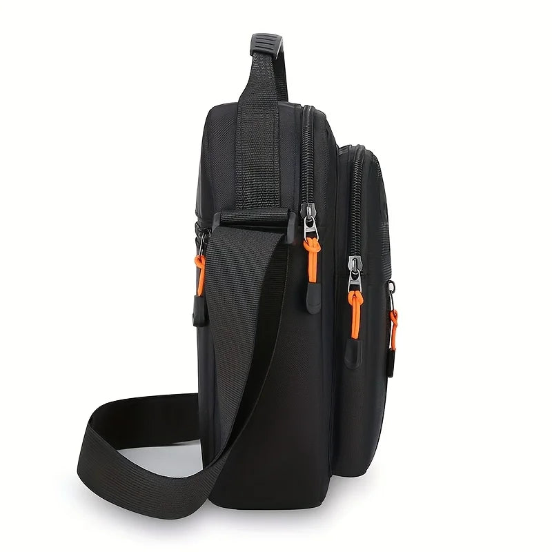 Black men's crossbody sling bag with an adjustable strap and zipper details.