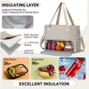 A beige insulated lunch tote bag with a laptop compartment, showing its use for keeping food warm or fresh.