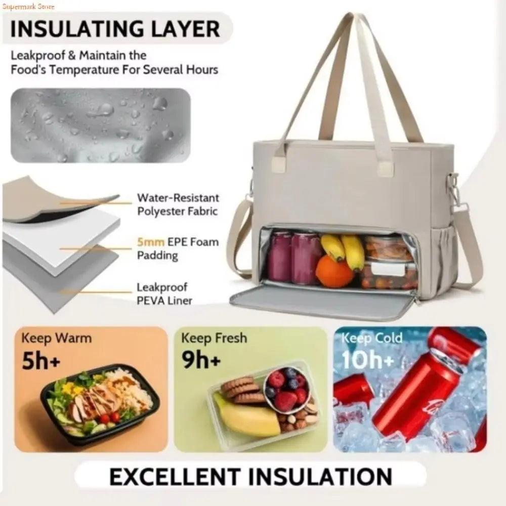 A beige insulated lunch tote bag with a laptop compartment, showing its use for keeping food warm or fresh.