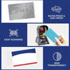 A set of durable PVC card protector sleeves shown with features like water-proof, dust-proof protection and high transparency