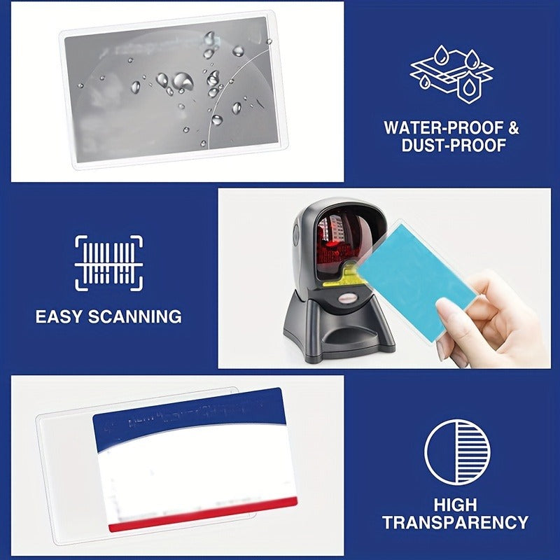 A set of durable PVC card protector sleeves shown with features like water-proof, dust-proof protection and high transparency