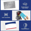 A set of clear PVC card protector sleeves demonstrating water-proof, dust-proof, easy scanning, and high transparency feature