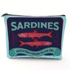 Marineblaue Tasche mit Reißverschluss und Aufschrift Sardinen und extra virgin Olivenöl