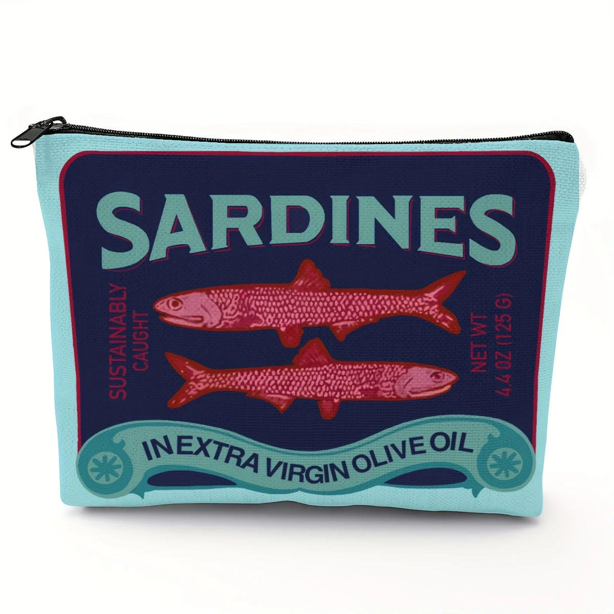 Marineblaue Tasche mit Reißverschluss und Aufschrift Sardinen und extra virgin Olivenöl
