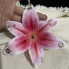 A realistic pink and red orchid flower keychain is held by a hand against a white background.
